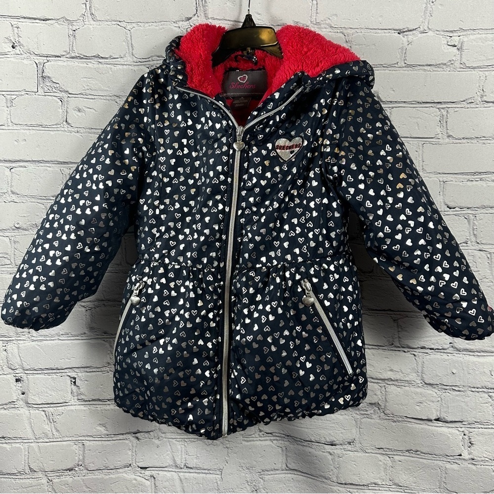 Skechers Girls Insulated Jacket Hooded  Faux Fur Silver Hearts Navy M (5-6)